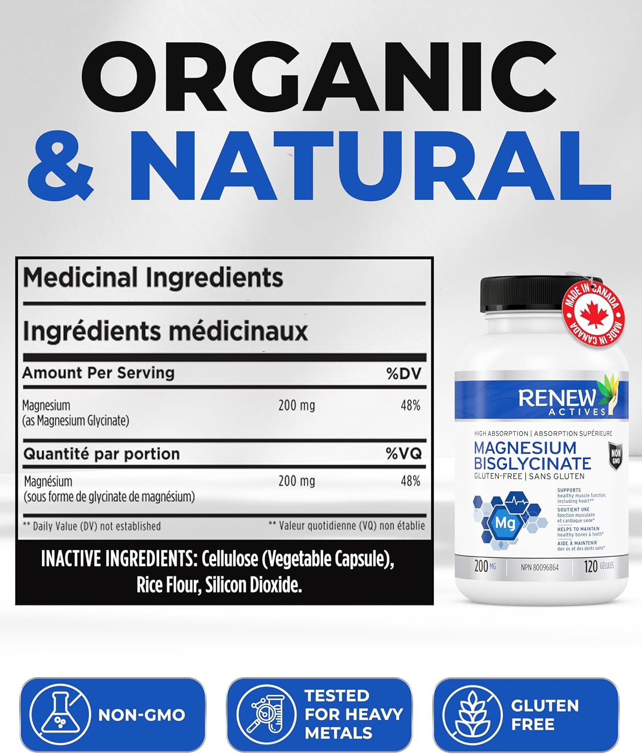 Renew Actives Magnesium Glycinate Supplement: 200 mg Pure Magnesium Bisglycinate Capsules for Relaxation, Sleep, Muscles, Bones, Energy - Electrolyte Balance & Overall Health Support