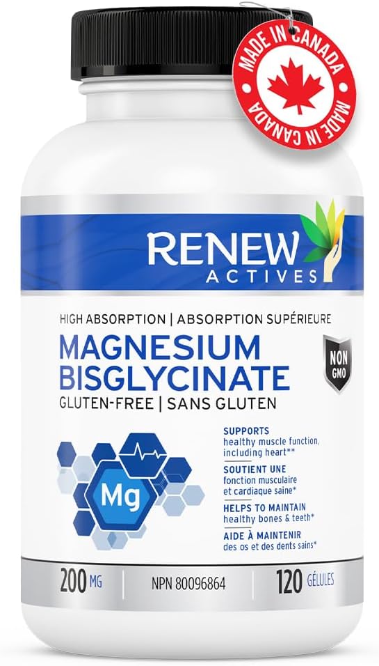 Renew Actives Magnesium Glycinate Supplement: 200 mg Pure Magnesium Bisglycinate Capsules for Relaxation, Sleep, Muscles, Bones, Energy - Electrolyte Balance & Overall Health Support