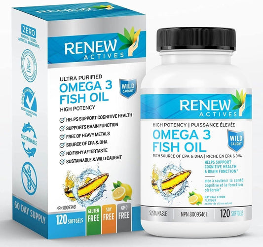 Renew Actives Omega-3 Fish Oil Softgels - 1200mg with 720mg EPA & DHA - Supports Heart, Brain, Eye Health, and Triglyceride Reduction - Non-GMO, Gluten-Free - No Fishy Aftertaste - 120 Count