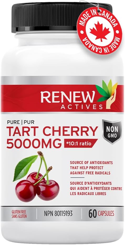 Renew Actives Tart Cherry Extract Capsules - 10,000mg per Serving - Antioxidant for Wellness - 60 Capsules - Made in Canada