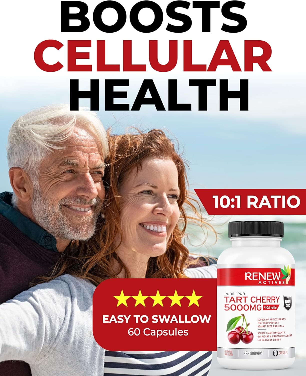 Renew Actives Tart Cherry Extract Capsules - 10,000mg per Serving - Antioxidant for Wellness - 60 Capsules - Made in Canada