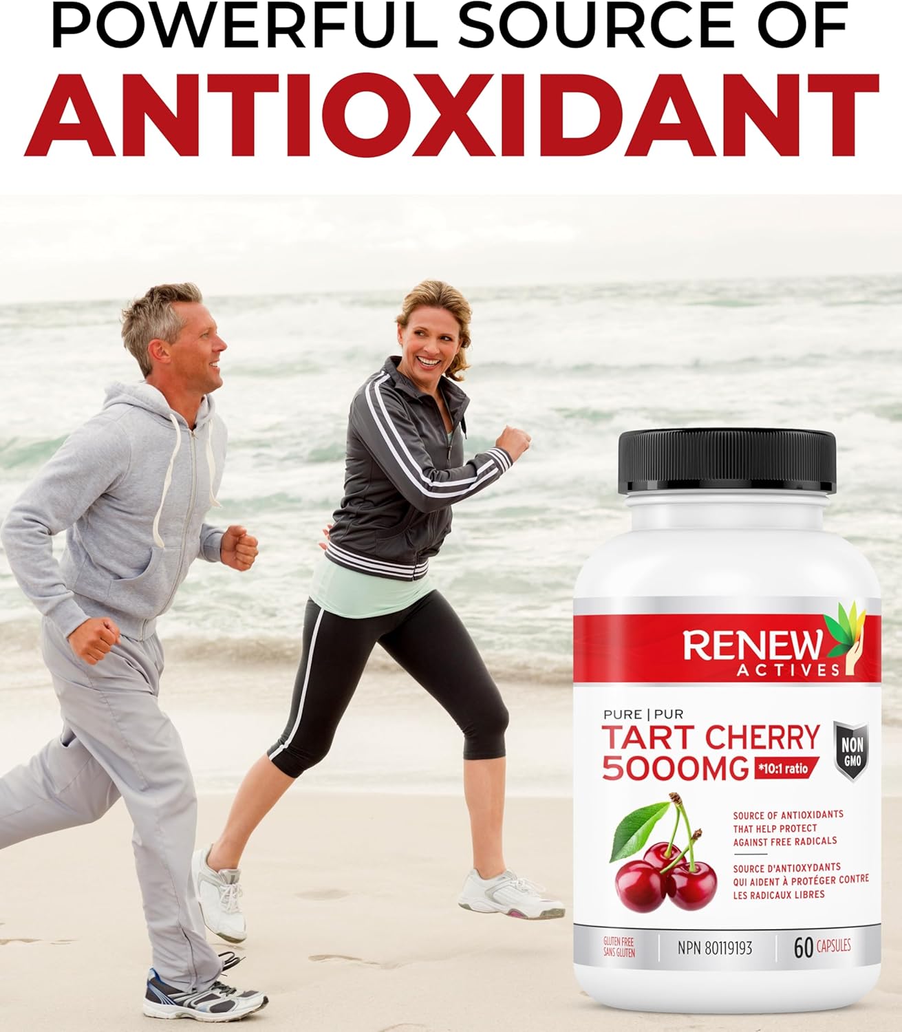 Renew Actives Tart Cherry Extract Capsules - 10,000mg per Serving - Antioxidant for Wellness - 60 Capsules - Made in Canada