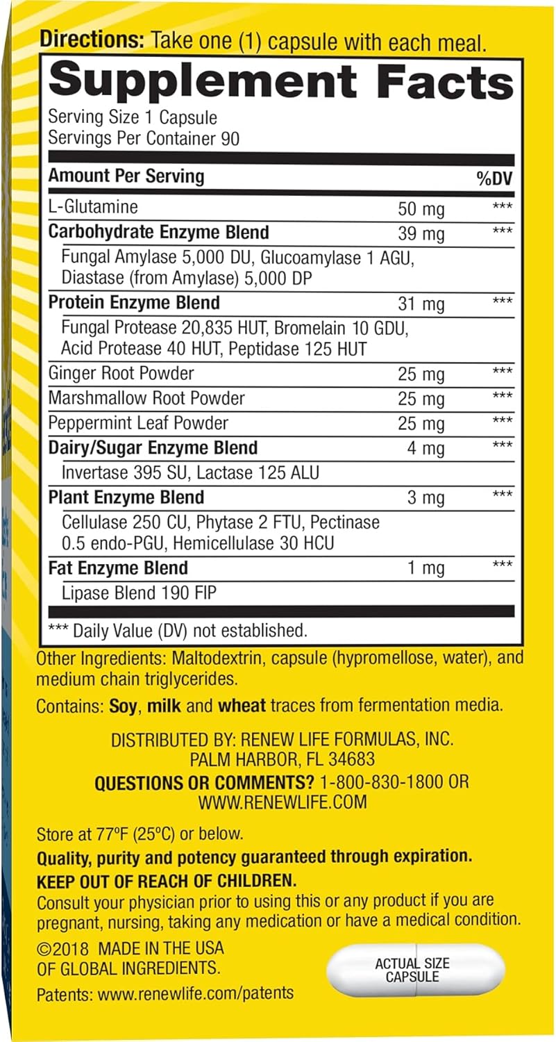 Renew Life DigestMore Enzyme Formula with L-Glutamine for Men & Women - Supports Digestion of Plant-Based Foods, 90 Vegetarian Capsules