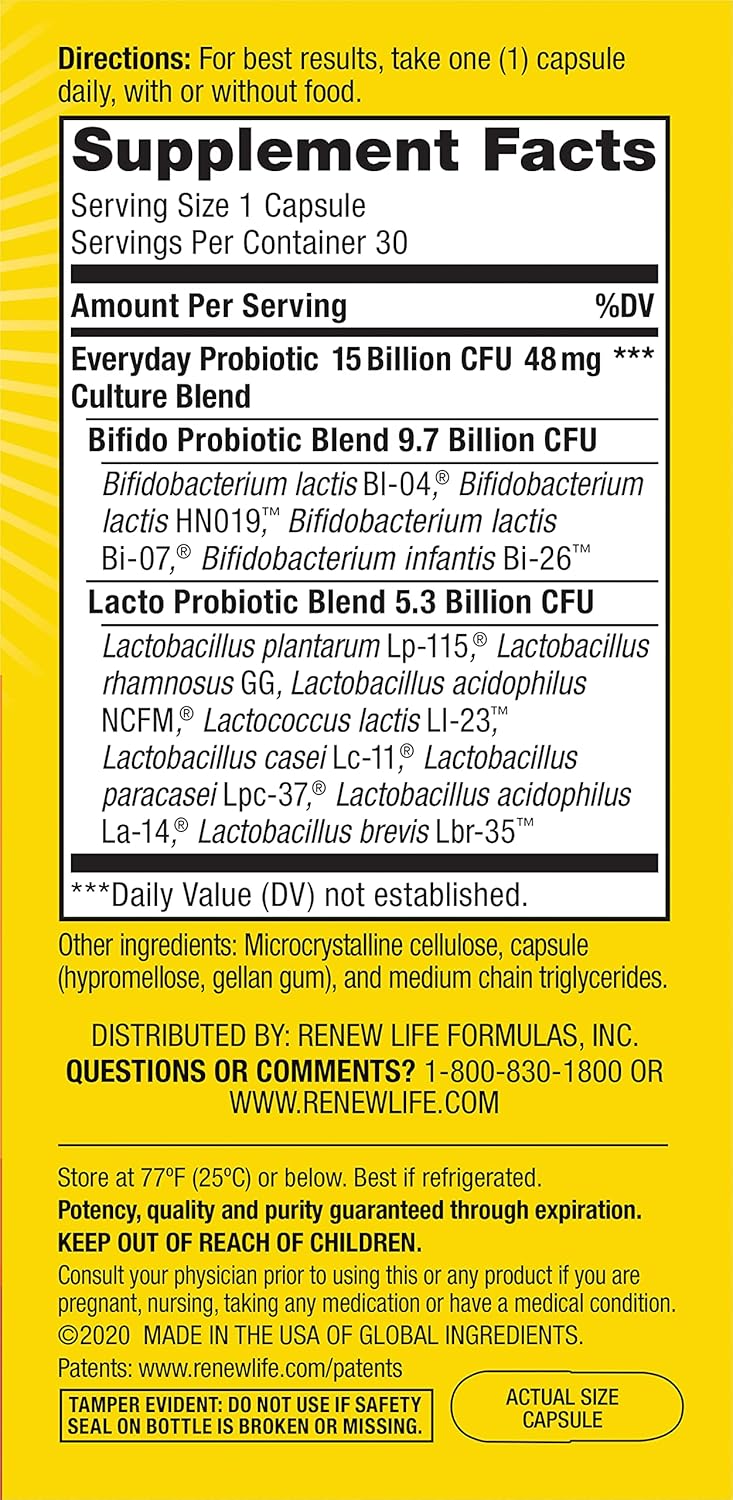 Renew Life Everyday Probiotic Capsules for Urinary, Digestive, and Immune Health - 30 Count, 15 Billion CFU, L. Rhamnosus GG, Dairy, Soy, Gluten-Free