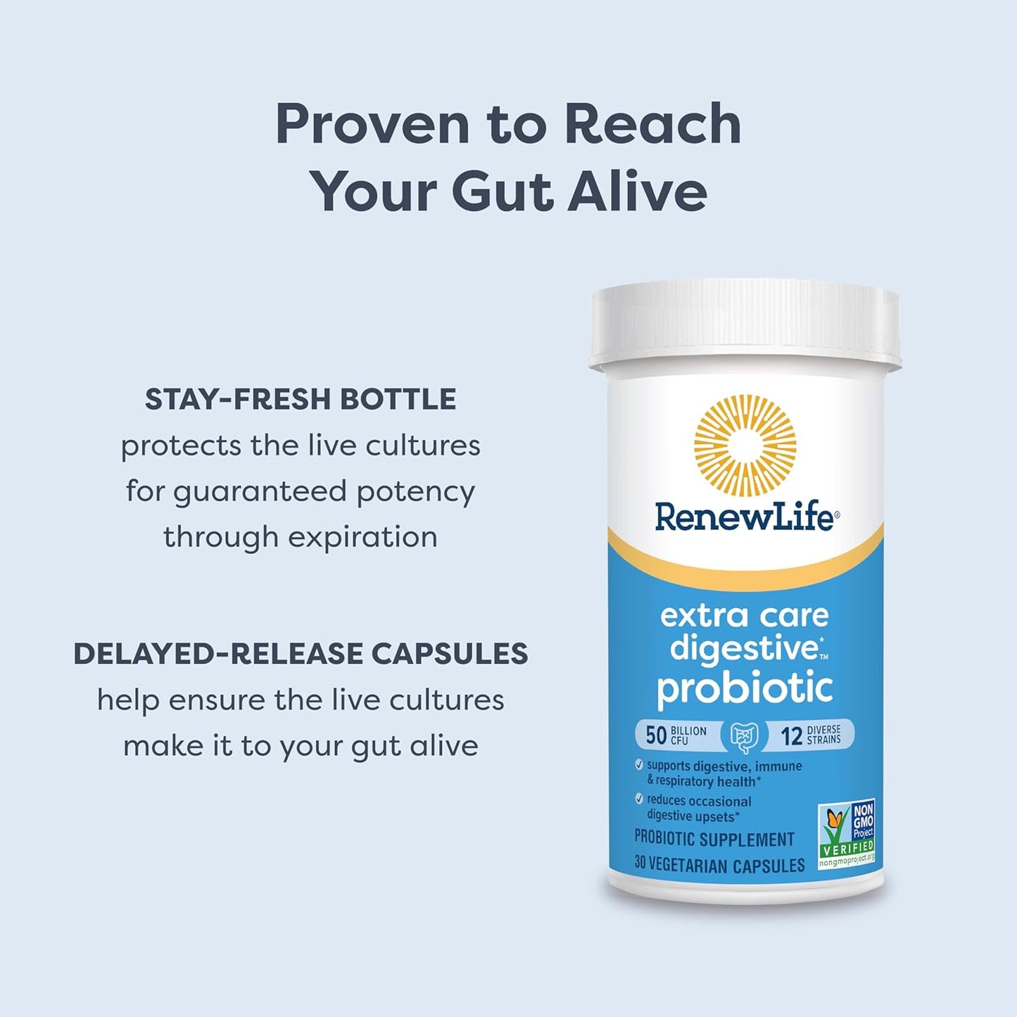 Renew Life Extra Care Probiotic Capsules - 50 Billion CFU for Digestive Health - L. Rhamnosus GG - Dairy, Soy, Gluten-Free - 30 Count