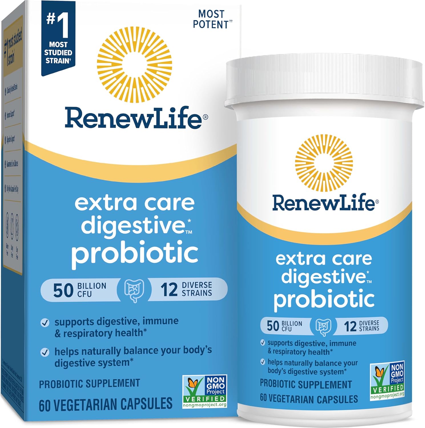 Renew Life Extra Care Probiotic Capsules, 50 Billion CFU, Daily Supplement for Immune, Digestive, Respiratory Health - 60 Count