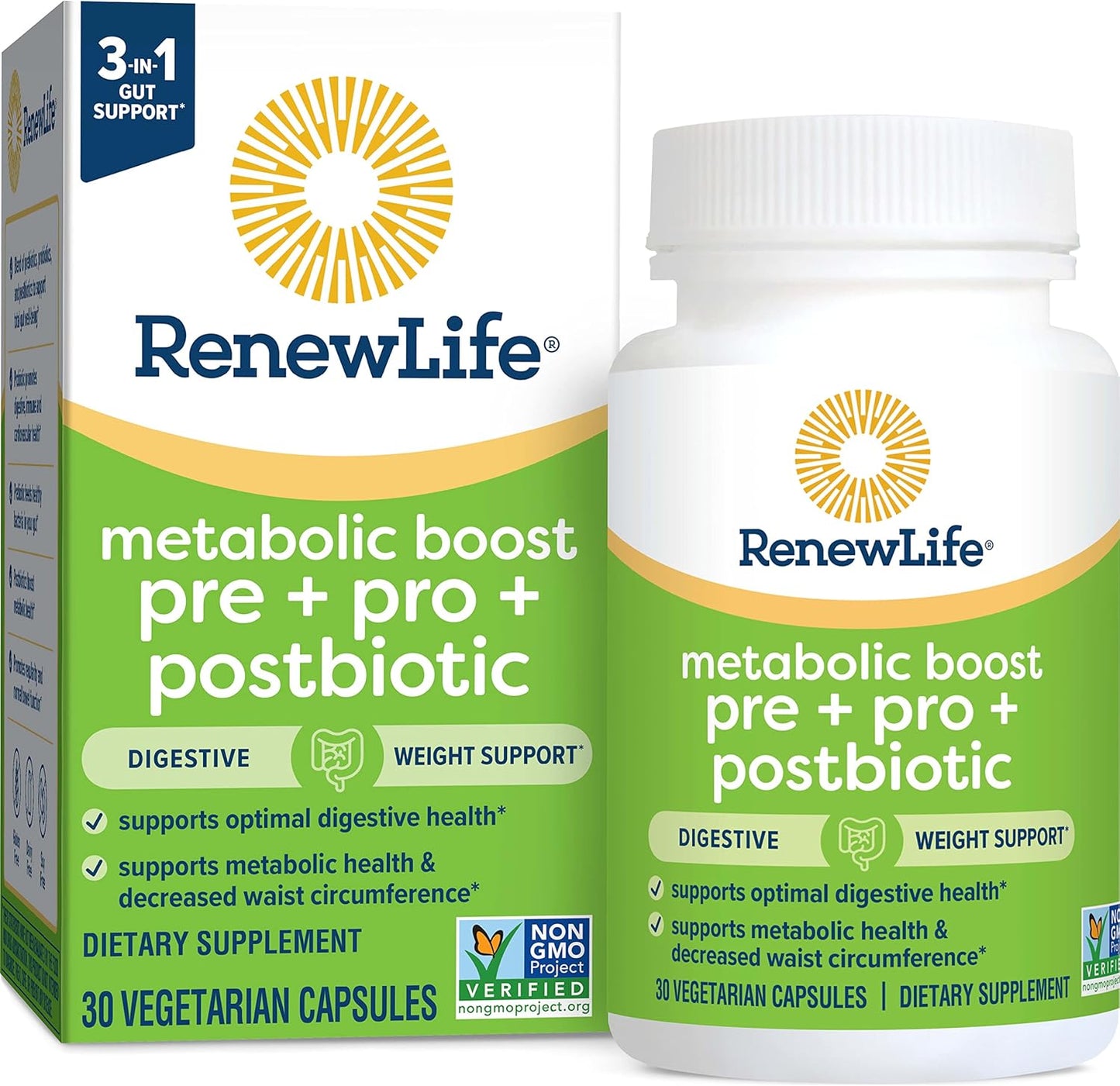 Renew Life Metabolic Boost Pre + Pro + Postbiotic: 30 Vegetarian Capsules for Digestive and Metabolic Health