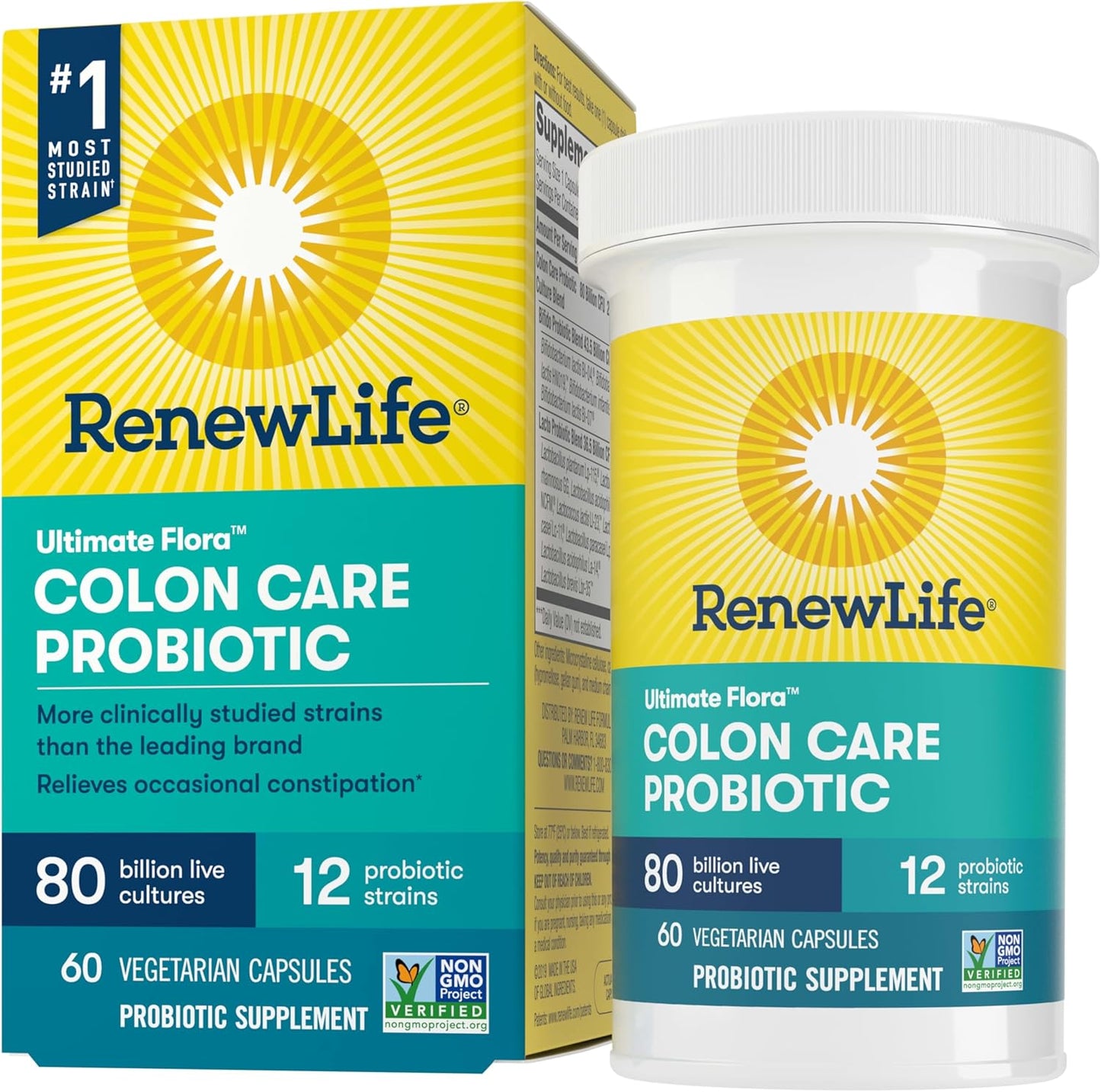 Renew Life Probiotic Colon Care Capsules - Colon Support Supplement, L. Rhamnosus GG, Dairy/Soy/Gluten-Free, 80B CFU, 60ct