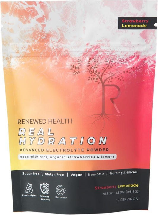 Renewed Health Real Hydration Electrolyte Powder with Organic Fruits & Pink Salt - Sugar-Free Vegan Formula for Hydration, Immunity, Energy & Recovery - Strawberry Lemonade (15 Servings)