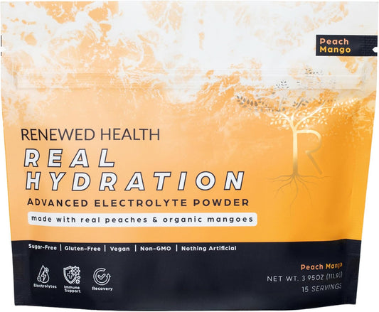 Renewed Health Real Hydration Electrolyte Powder with Organic Fruits & Pink Salt - Vegan & Sugar-Free - Peach Mango Flavor - Immune & Energy Support
