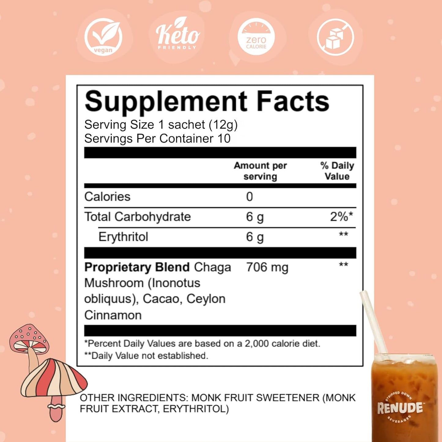 Renude Chagaccino: Vegan Mushroom Coffee Drink Mix with Adaptogens, Zero Calorie Powder - 10 Servings