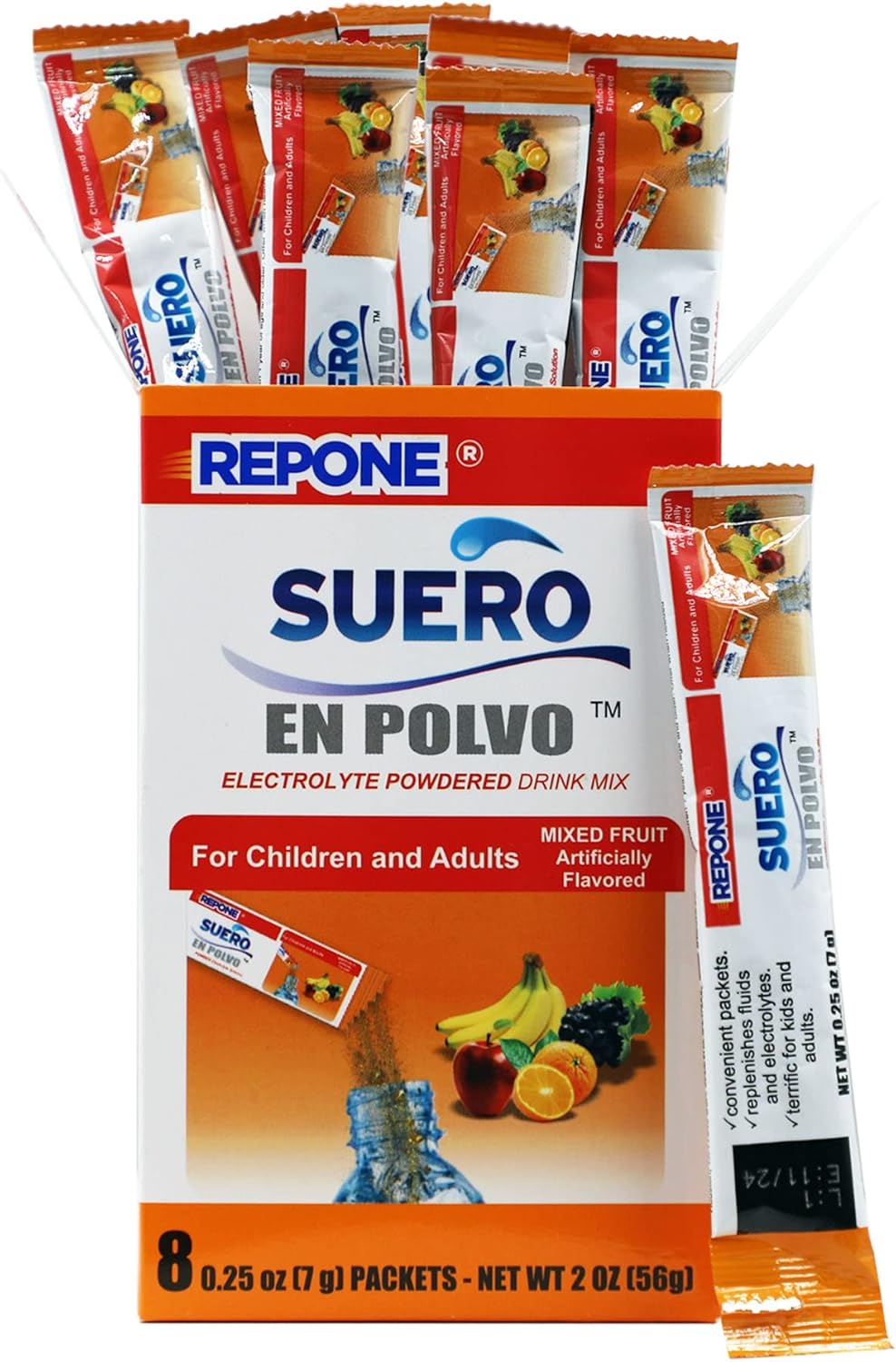 REPONE SUERO Electrolyte Powder Solution Fruit Flavor, 8 Oz Packets, 8 Packets Box