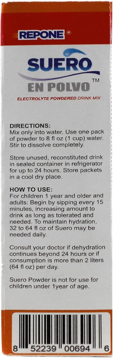 REPONE SUERO Electrolyte Powder Solution Fruit Flavor, 8 Oz Packets, 8 Packets Box