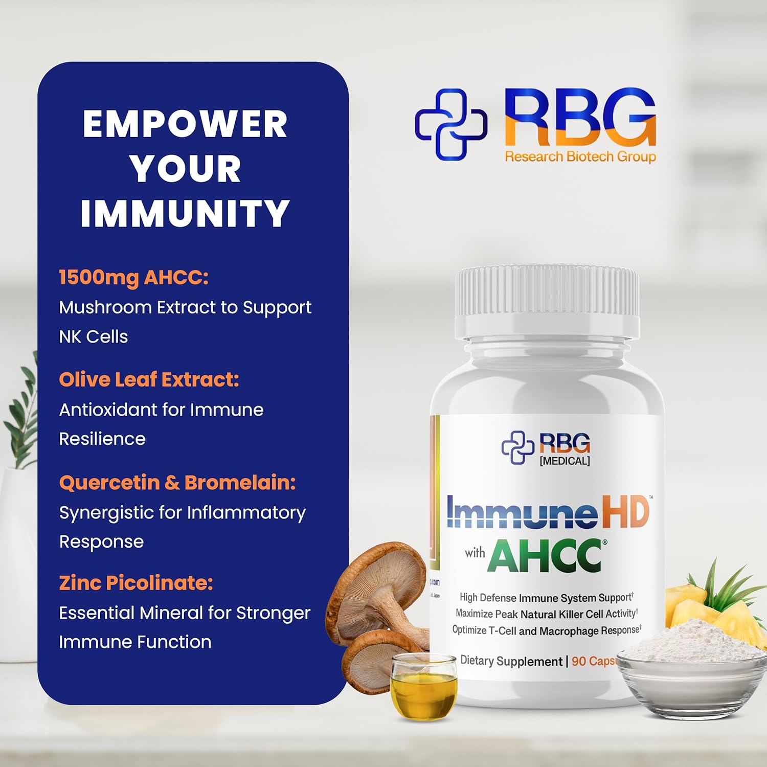 Research Biotech Group Immune-HD Supplement with AHCC Mushroom Extract for Immune Support, Natural Killer Cell Activity, Liver Function - 90 Capsules
