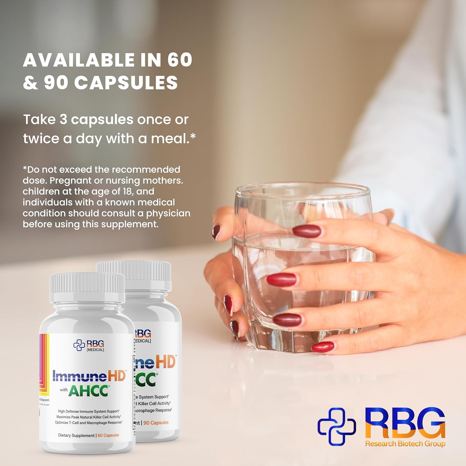 Research Biotech Group Immune-HD Supplement with AHCC Mushroom Extract for Immune Support, Natural Killer Cell Activity, Liver Function - 90 Capsules