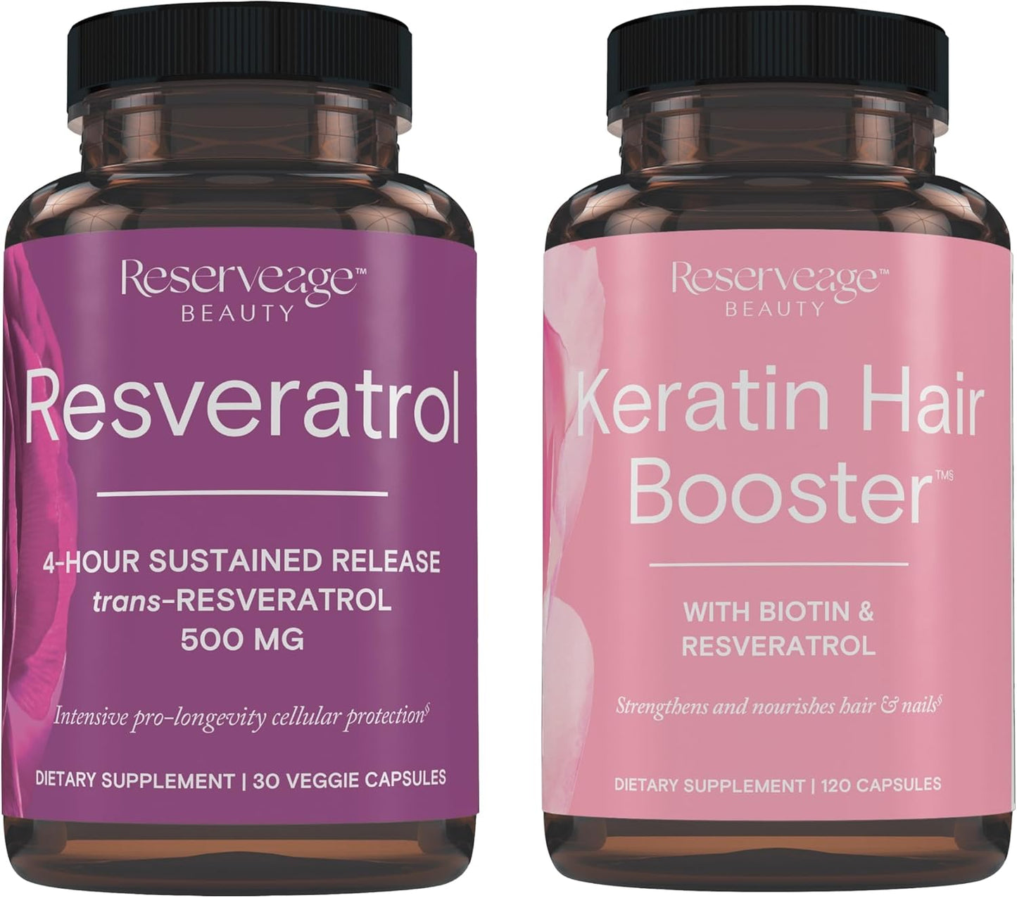 Reserveage Beauty Bundle: Resveratrol 500mg Antioxidant + Keratin Hair Booster with Biotin for Heart, Cellular Health, Hair & Nail Growth - 30 Caps + 120 Caps
