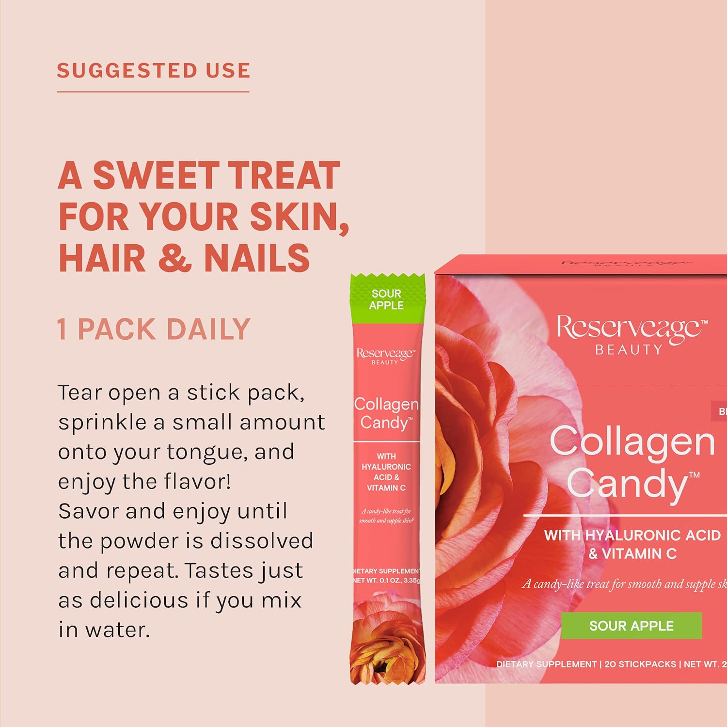 Reserveage Beauty Collagen Candy - Skin, Hair, and Nail Support - Sour Apple Flavor - 2.3 oz (20 Servings)
