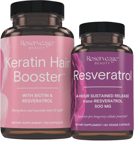 Reserveage Beauty Keratin Hair Booster with Biotin & Resveratrol 500mg Supplement for Hair Growth and Healthy Aging, 120 Capsules