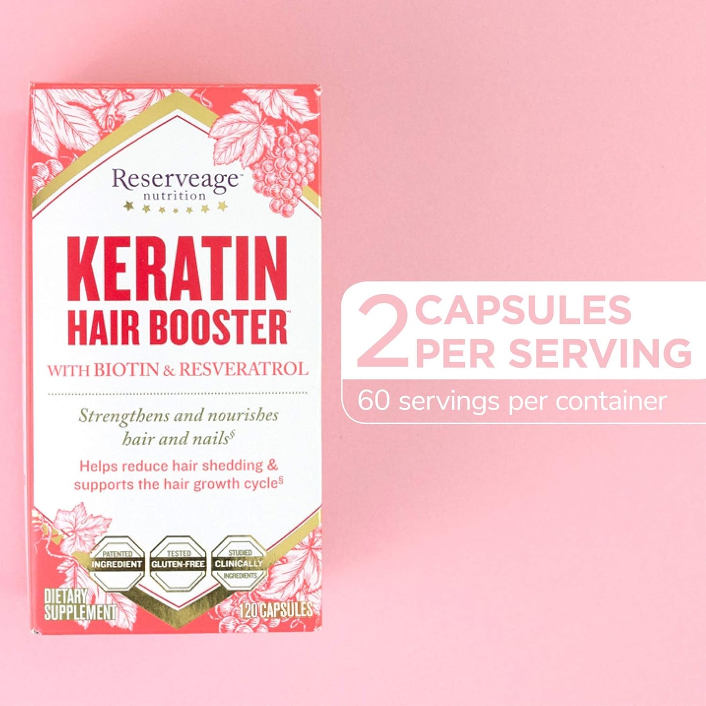 Reserveage Beauty Keratin Hair Booster with Biotin & Resveratrol 500mg Supplement for Hair Growth and Healthy Aging, 120 Capsules
