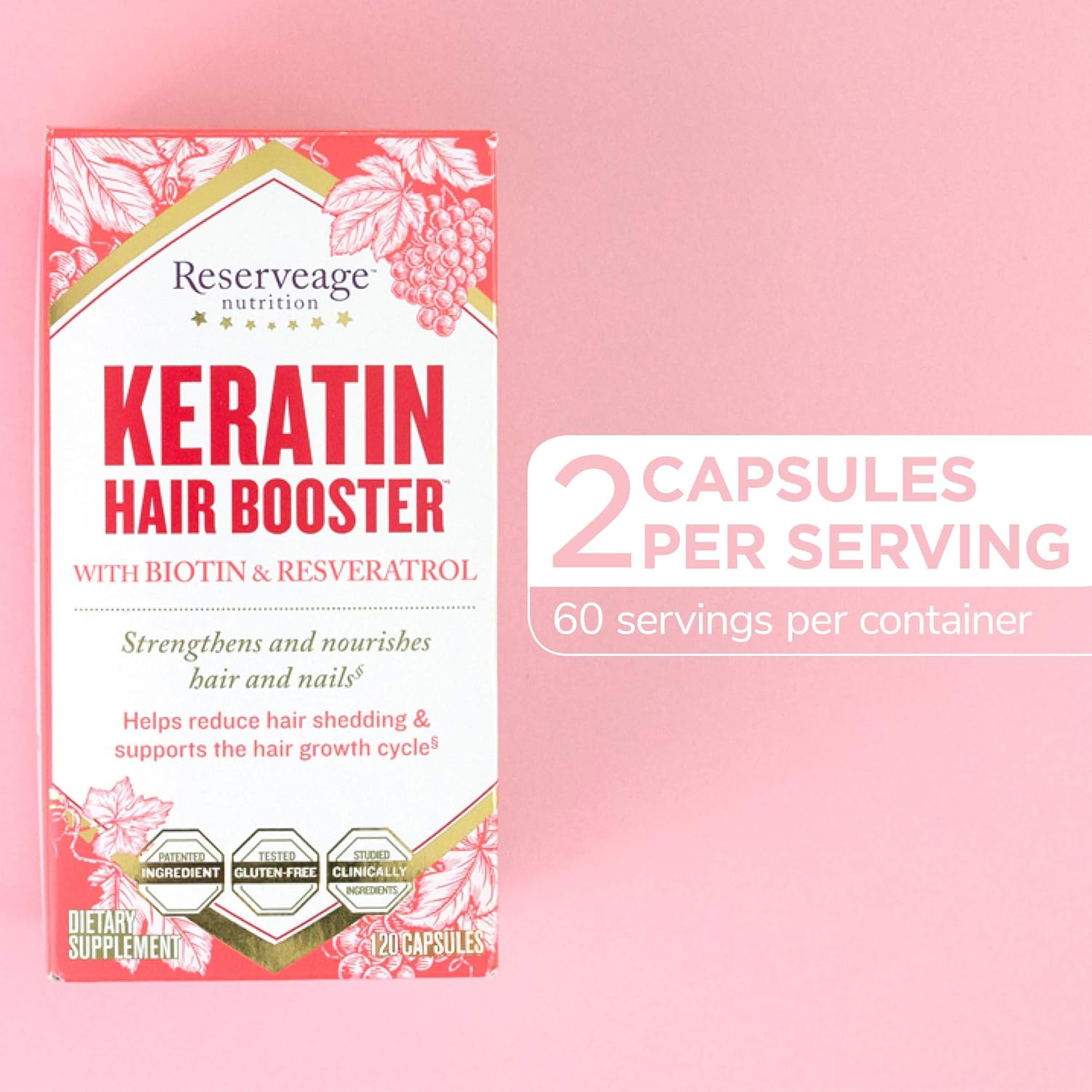 Reserveage Beauty Keratin Hair Booster with Biotin & Resveratrol 500mg Supplement for Hair Growth and Healthy Aging, 120 Capsules