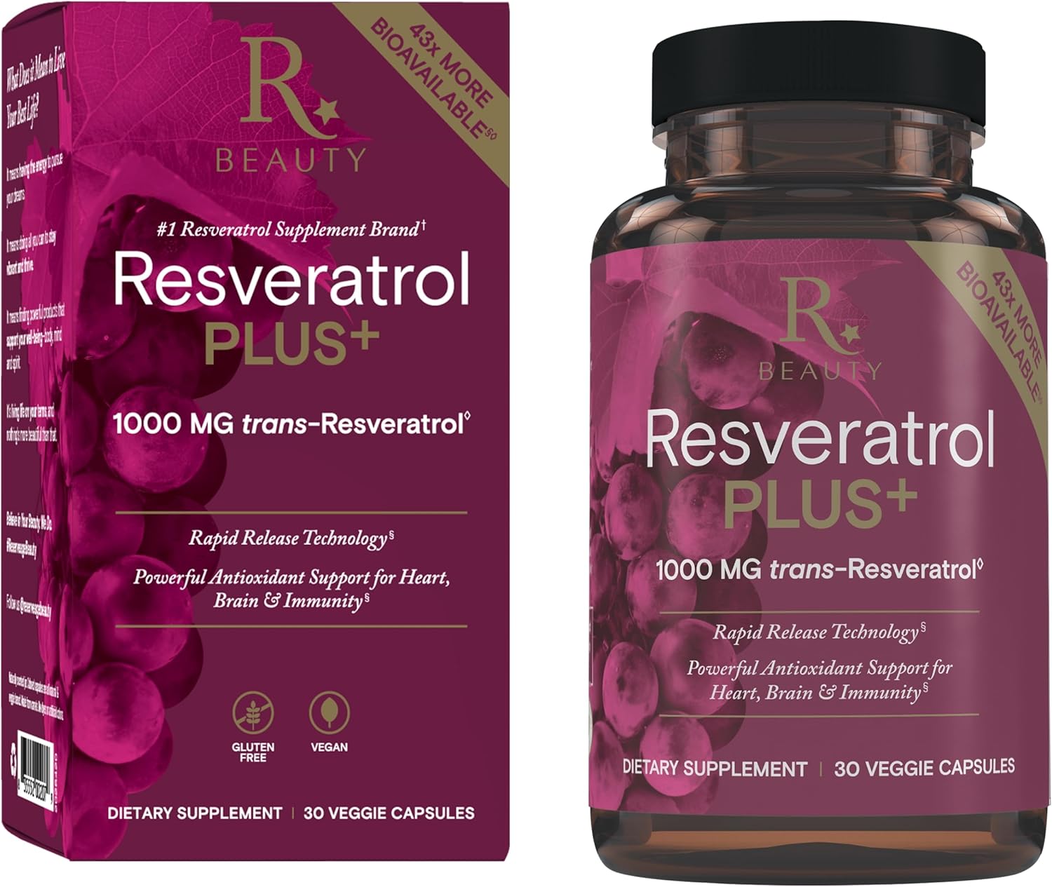 Reserveage Beauty Resveratrol Plus+ 1000 mg Capsules with Quercetin for Immune & Brain Health - Gluten-Free & Vegan - 30 Veggie Capsules