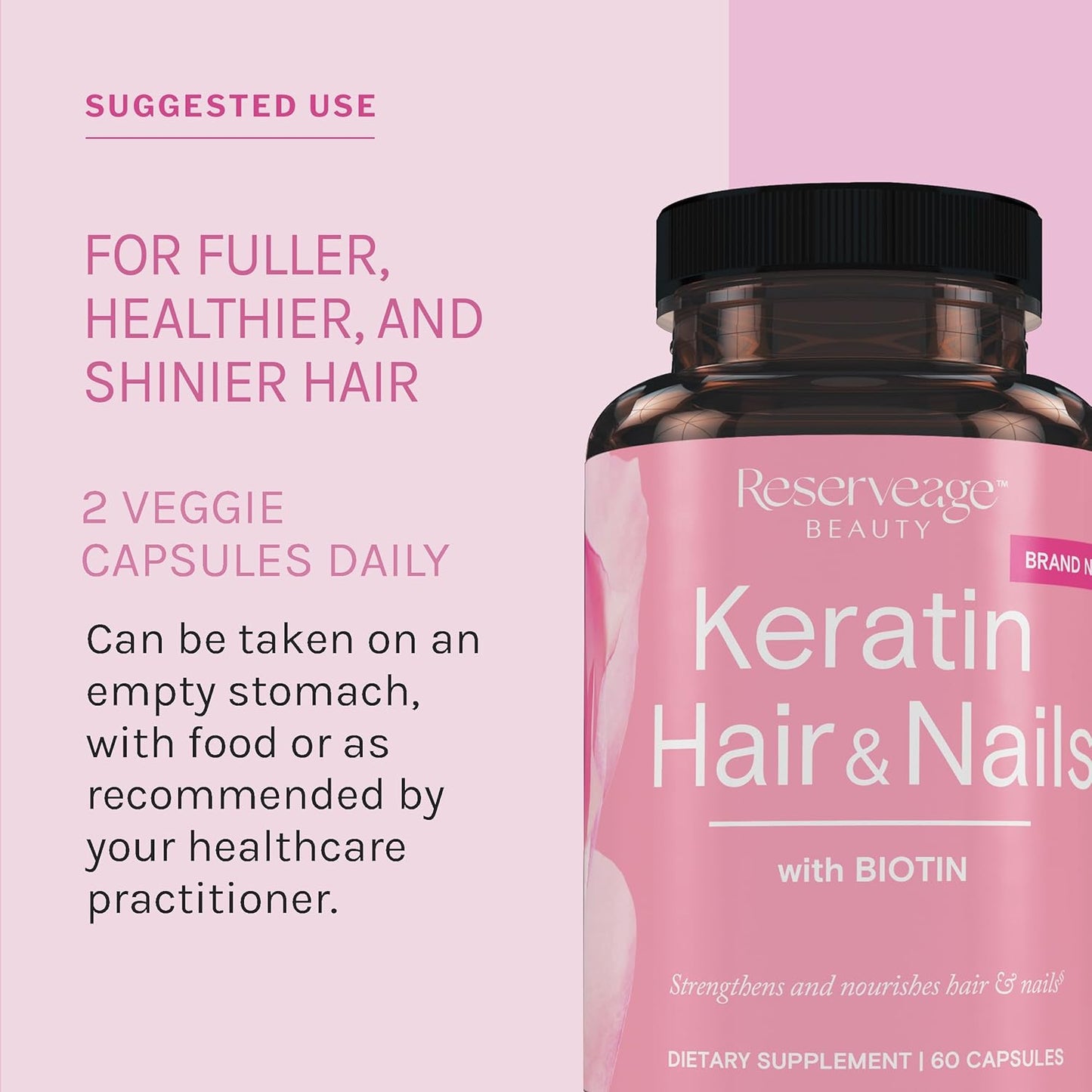 Reserveage Nutrition Reserveage Keratin Hair Booster with Biotin - Keratin Supplement with Biotin & Resveratrol - Supports Hair Growth & Nail Health - 60 Capsules