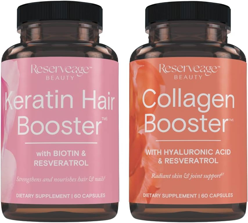 Reserveage Nutrition Ultra Collagen and Keratin Booster Capsules with Dermaval, Biotin, and Resveratrol for Hair and Skin Support - 60 Collagen, 60 Keratin Capsules