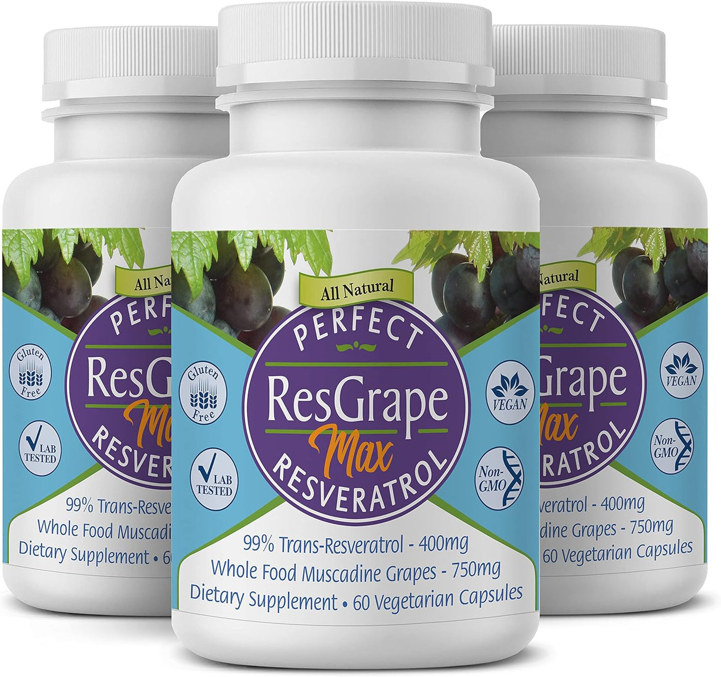 ResGrape Max Anti-Aging Supplement with 99% Trans-Resveratrol - Pack of 3 (180 Capsules) - Potent Antioxidant from Perfect Supplements