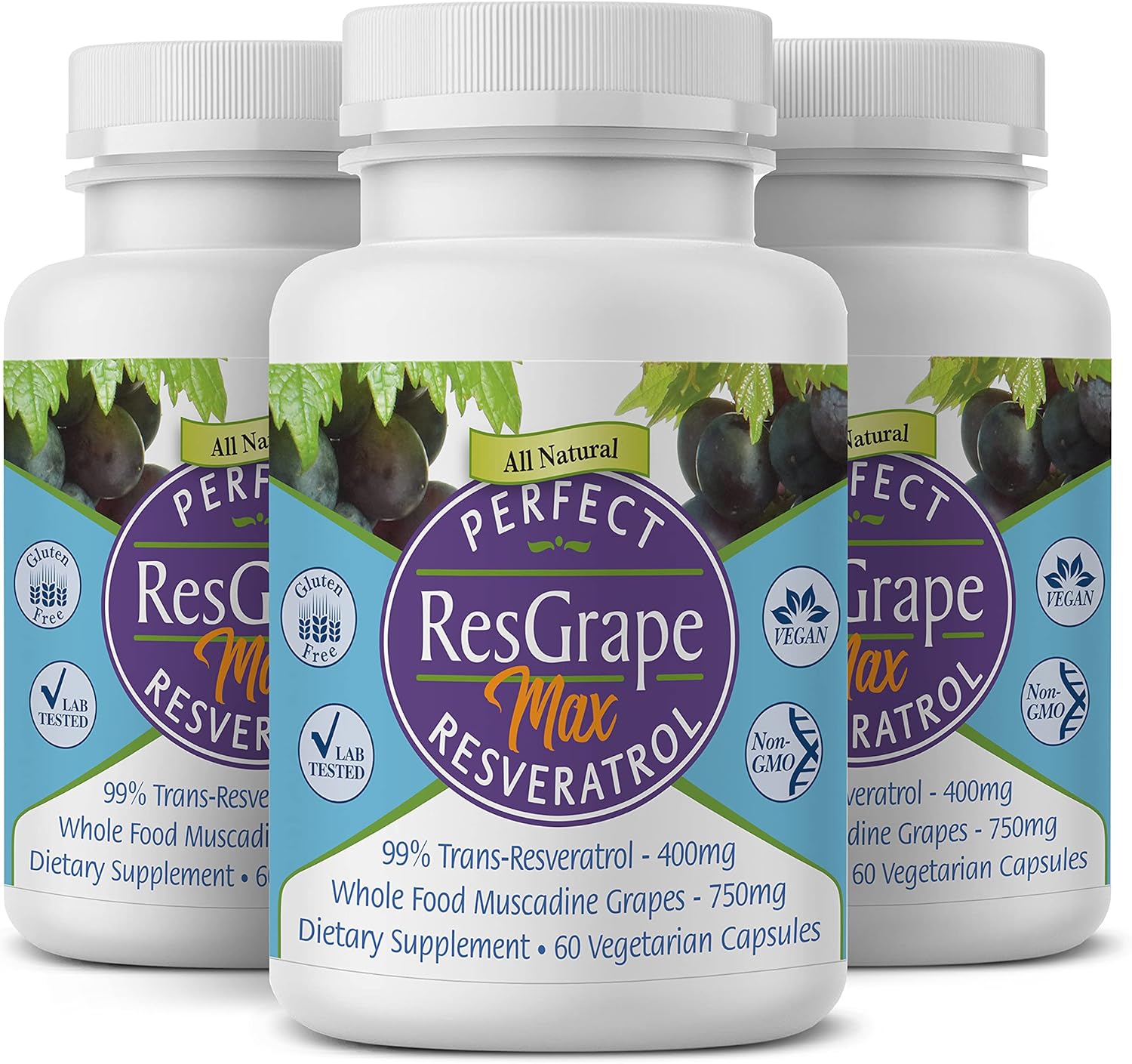 ResGrape Max Anti-Aging Supplement with 99% Trans-Resveratrol - Pack of 3 (180 Capsules) - Potent Antioxidant from Perfect Supplements