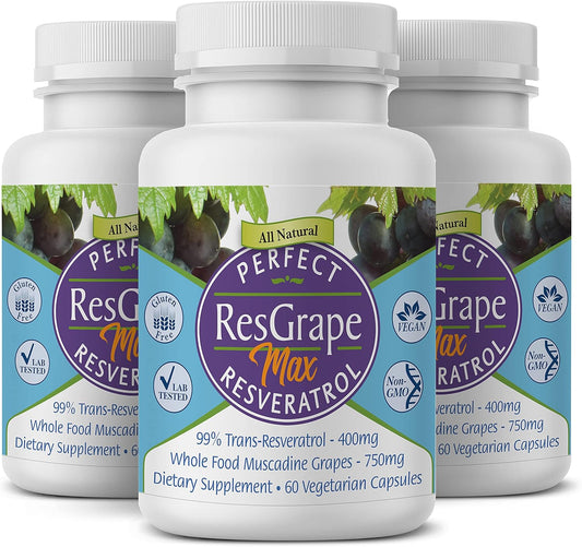 ResGrape Max Anti-Aging Supplement with 99% Trans-Resveratrol - Pack of 3 (180 Capsules) - Potent Antioxidant from Perfect Supplements