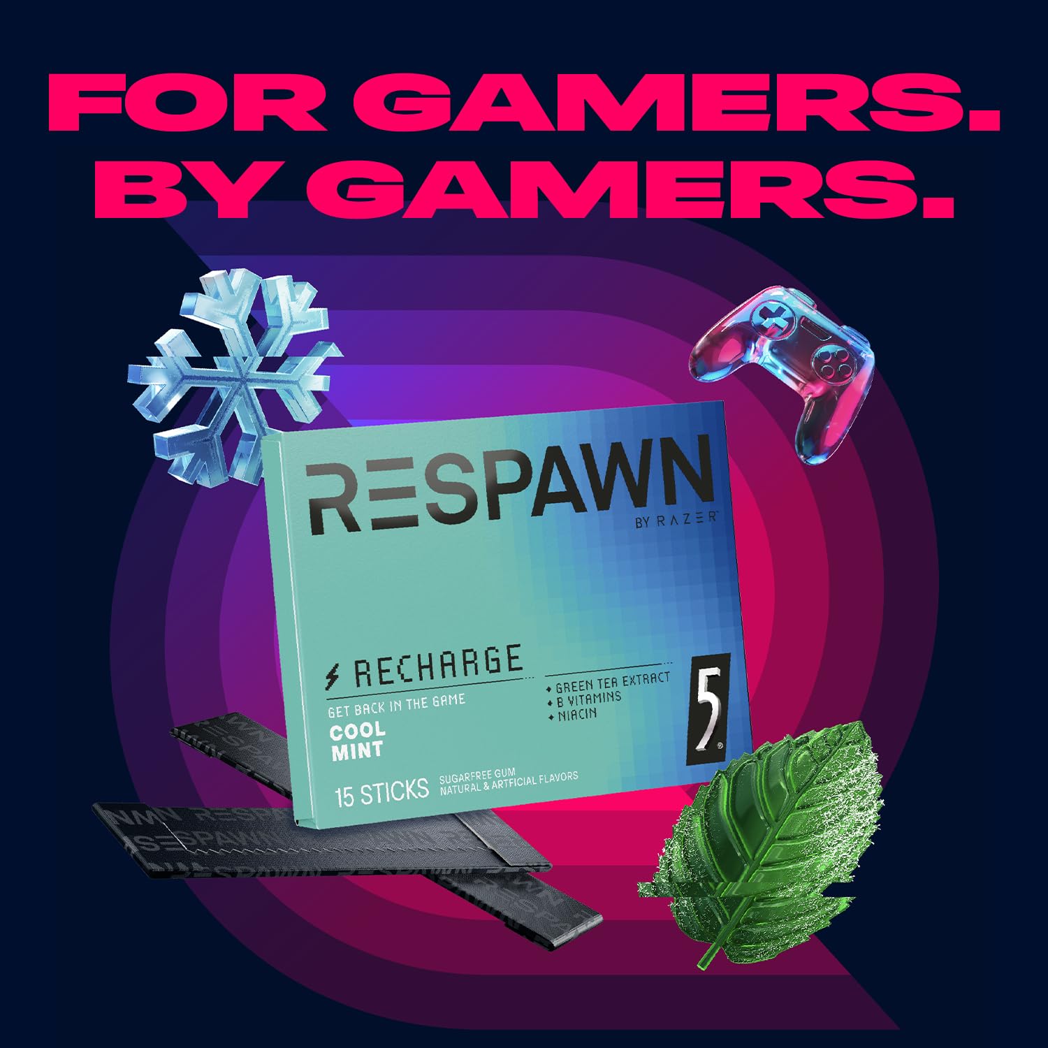 RESPAWN BY RAZER Cool Mint Sugar-Free Chewing Gum - 150 Sticks - Gaming Accessory