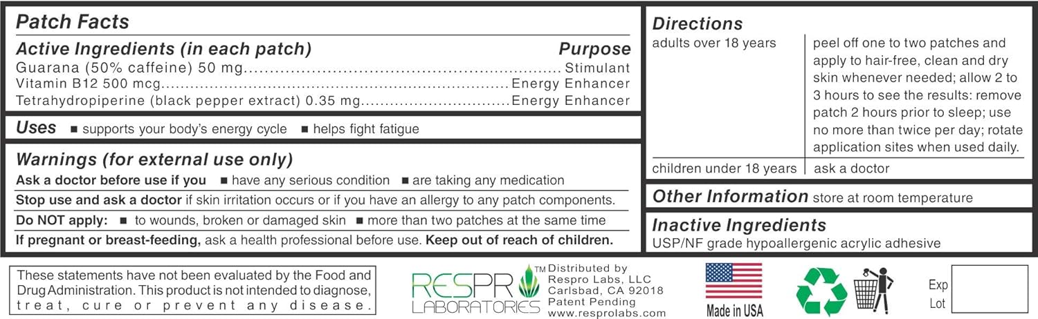 Respro Labs Energy Patch with B12, Guarana, and Black Pepper - 24 Patches for Continuous Release