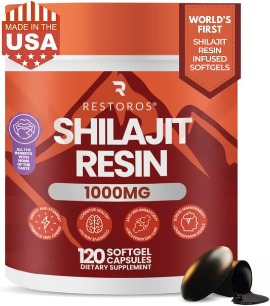 Restoros 1000mg Shilajit Pure Resin Softgels - Himalayan Supplement, Made in USA, GMP-Certified - No Bad Taste, Purer Than Powdered Capsules