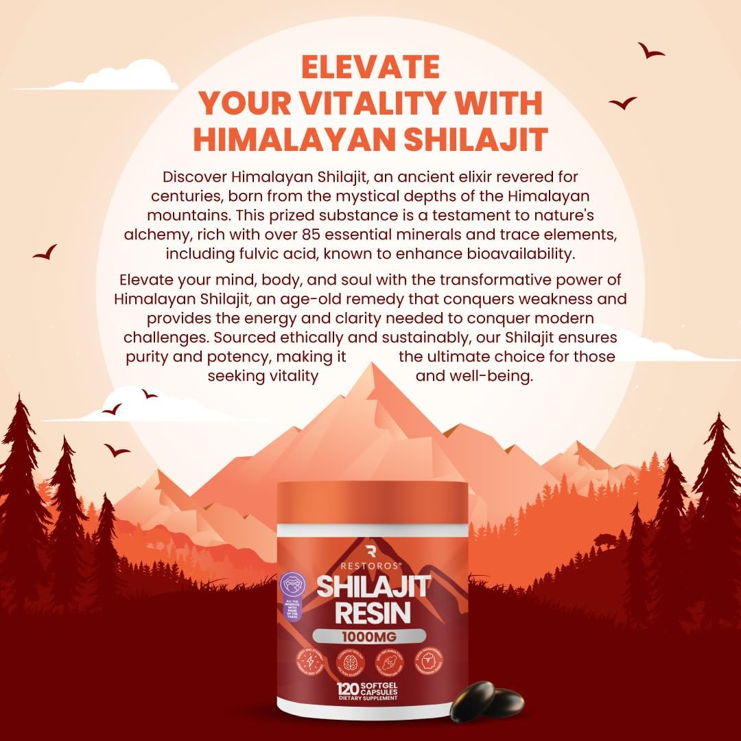 Restoros 1000mg Shilajit Pure Resin Softgels - Himalayan Supplement, Made in USA, GMP-Certified - No Bad Taste, Purer Than Powdered Capsules