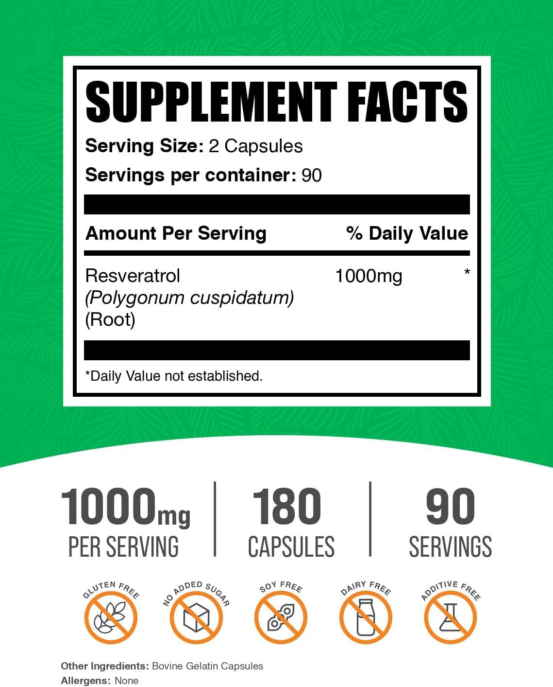 Resveratrol 1000mg Capsules - Antioxidants Supplement, Gluten-Free Resveratrol Supplement - 180 Capsules, 2 Capsules per Serving