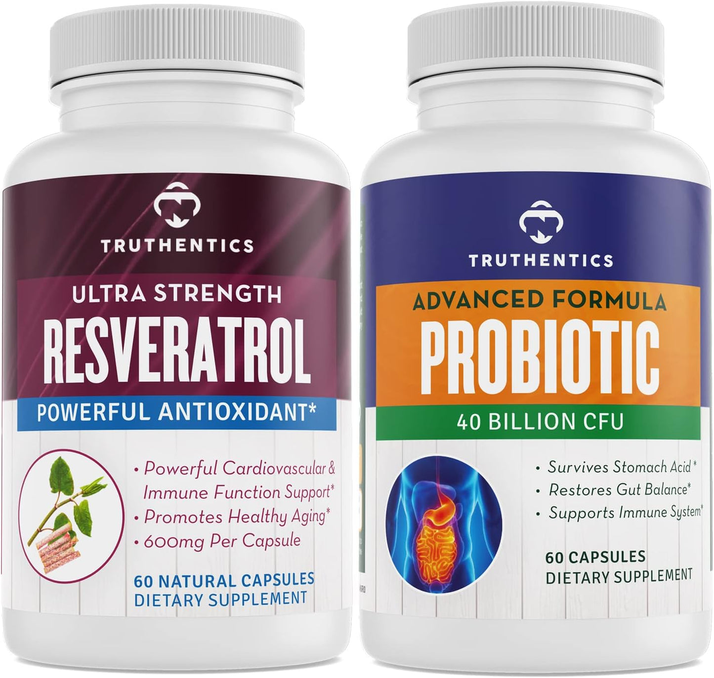 Resveratrol and Probiotic Bundle for Healthy Aging, Heart, Immune & Digestive Support - Gluten Free, Non-GMO Capsules