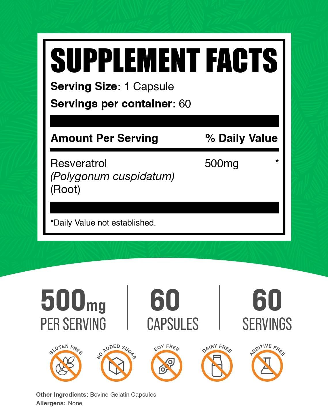 Resveratrol Antioxidant Capsules - 500mg Polygonum Cuspidatum Supplement - 60 Pills, 1 Capsule/Serving - BulkSupplements - BoostGo Australia