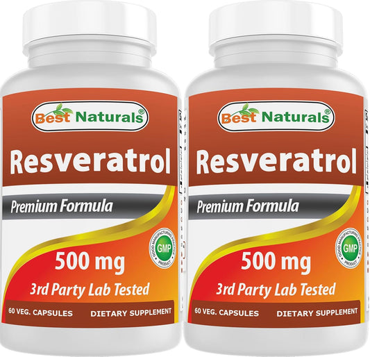 Resveratrol Complex 500mg - 2 Pack 60 Veg Capsules Each - Grape Skin & Red Wine - Gluten Free & Non GMO - Total 120 Capsules
