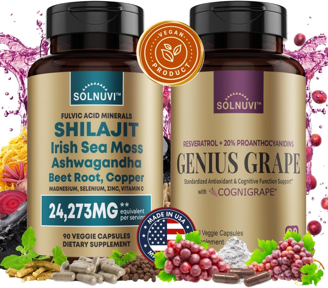Resveratrol Complex & Shilajit Fulvic Acid Minerals Bundle - Cognitive Wellness Support with Sea Moss, Ashwagandha, and Cognigrape Extract - Non-GMO, Gluten-free, Vegan Formula