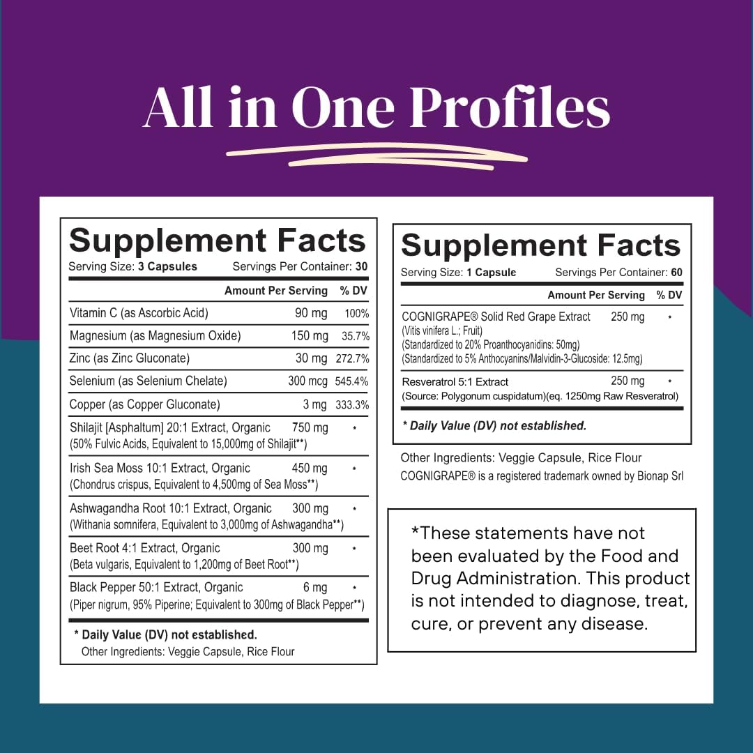 Resveratrol Complex & Shilajit Fulvic Acid Minerals Bundle - Cognitive Wellness Support with Sea Moss, Ashwagandha, and Cognigrape Extract - Non-GMO, Gluten-free, Vegan Formula