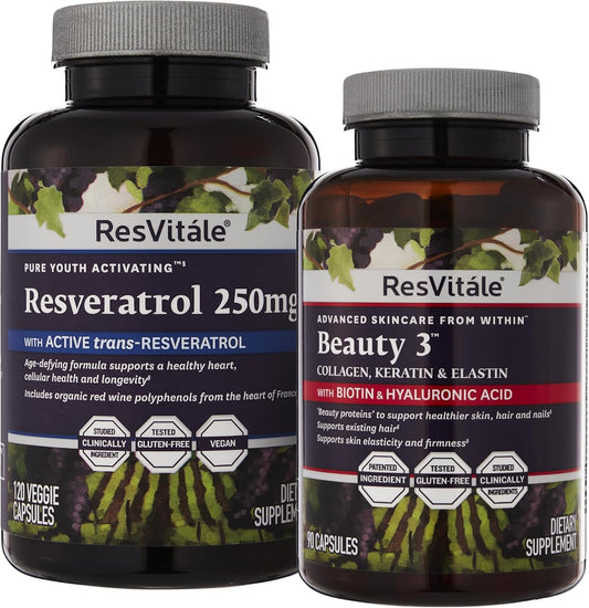ResVitale Beauty 3 Skin Care Supplement with Collagen, Keratin, Elastin - 90 Caps & Resveratrol 250mg Supplement - 120 Caps for Men and Women