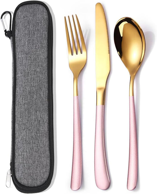 Reusable Stainless Steel Cutlery Set for Work with Case - Knife Fork Spoon Set 3 Piece (Pink Gold) by MURRI&MURRDI