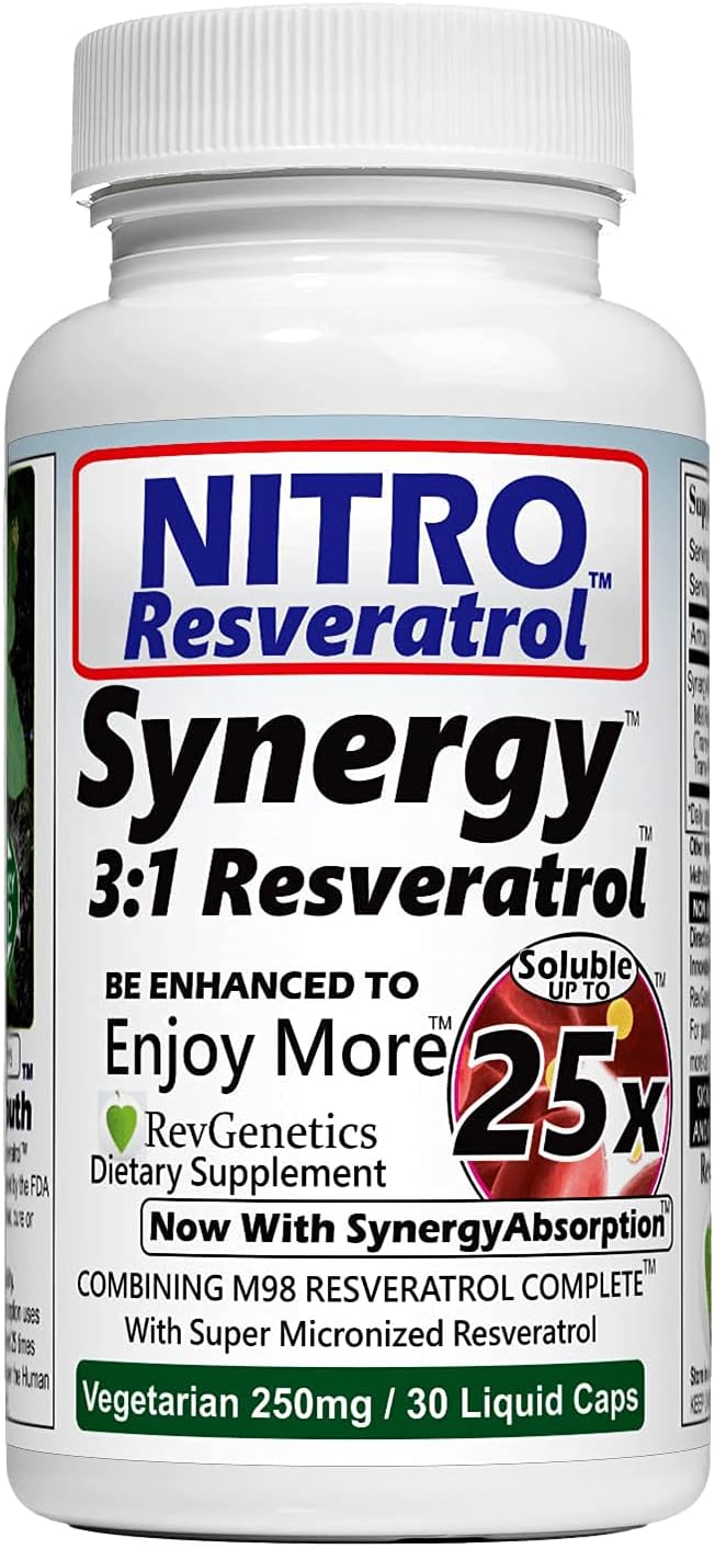 REVGENETICS Nitro Synergy Resveratrol (Nitro250) with Up to 25x Solubility - 60 Vegetarian Capsules - 30 Servings - 500 mg per serving