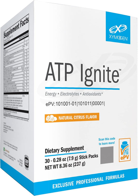 Revitalize Energy with XYMOGEN ATP Ignite Drink Powder - Electrolyte Support + Antioxidants, Aminos, Vitamins, Caffeine - 30 Citrus Packs