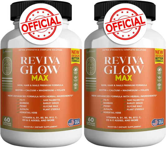 Reviva Glow Max Hair Skin and Nails Supplement with Biotin and Herbal Blend - 120 Capsules Vegan & Gluten-Free Formula