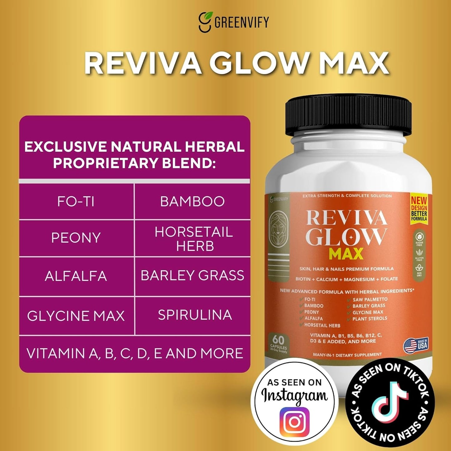 Reviva Glow Max Hair Skin and Nails Supplement with Biotin and Herbal Blend - 120 Capsules Vegan & Gluten-Free Formula