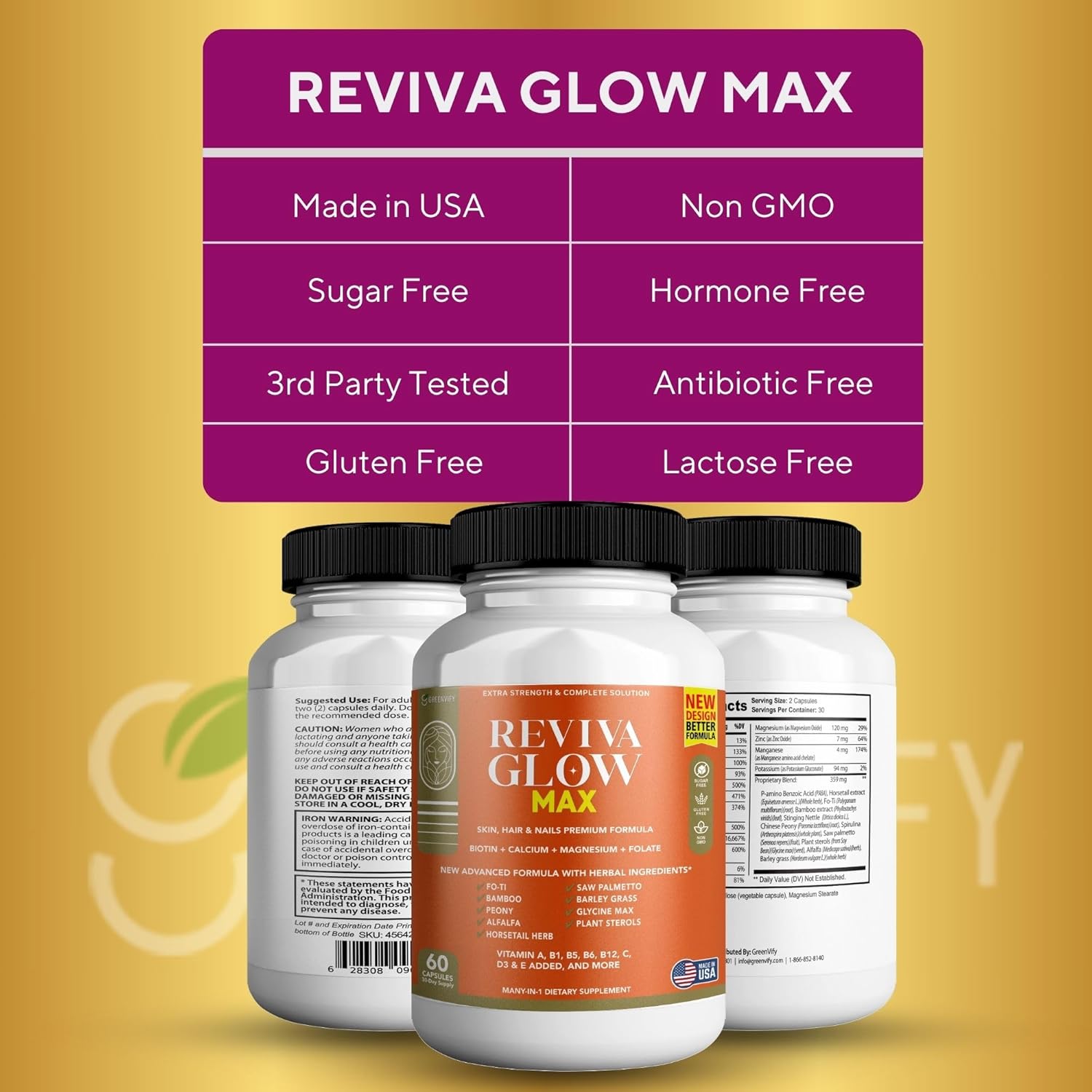 Reviva Glow Max Hair Skin and Nails Supplement with Biotin and Herbal Blend - 120 Capsules Vegan & Gluten-Free Formula