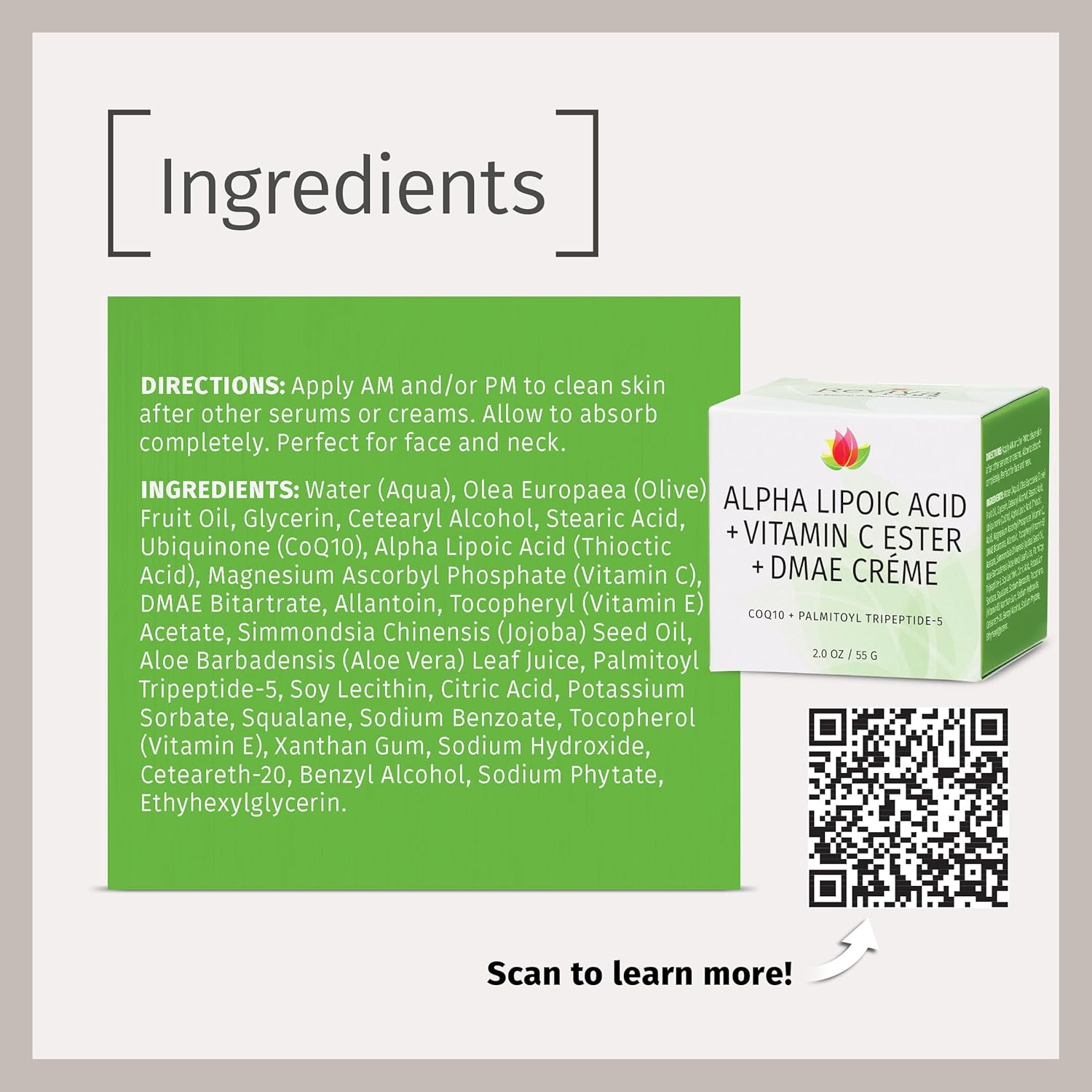 Reviva Labs Alpha Lipoic Acid Vitamin C Ester and DMAE Cream - 2 oz for Anti-Aging Skincare