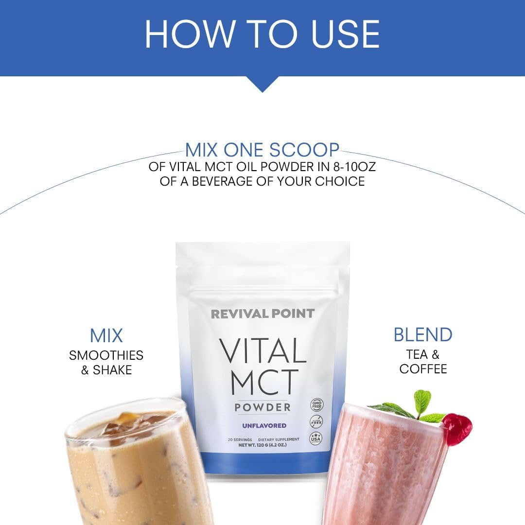 Revival Point Premium Unflavored MCT Oil Powder with Keto Electrolytes - Ideal Coffee, Tea, Shake Creamer - 15x Bioavailable Chromium Picolinate, C10 & C8 MCT Oil - 120g