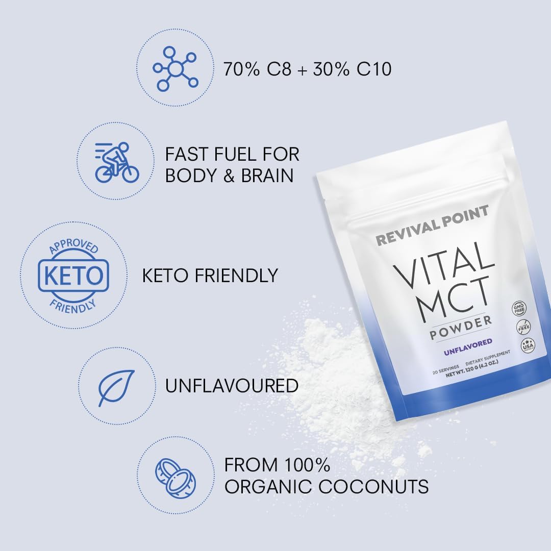 Revival Point Premium Unflavored MCT Oil Powder with Keto Electrolytes - Ideal Coffee, Tea, Shake Creamer - 15x Bioavailable Chromium Picolinate, C10 & C8 MCT Oil - 120g